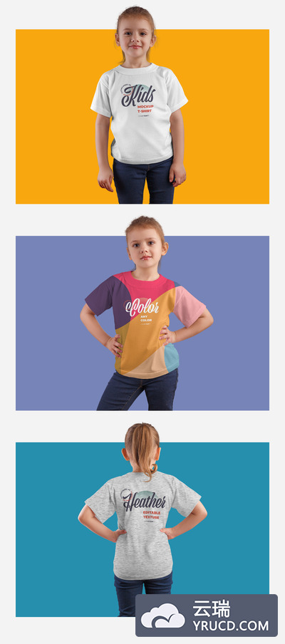 3个儿童T恤服装设计样机模板