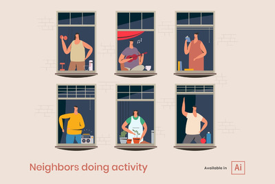 插画 | 矢量邻居邻里窗户人物日常活动运动读书弹吉他跳舞练武养花概念平面插图