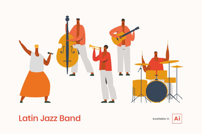 插画 | 矢量拉丁爵士乐队话筒大提琴吉他架子鼓创意概念平面插图