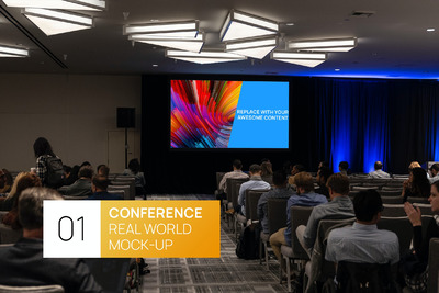 暗调的会议厅投影仪PPT场景样机下载（PSD）