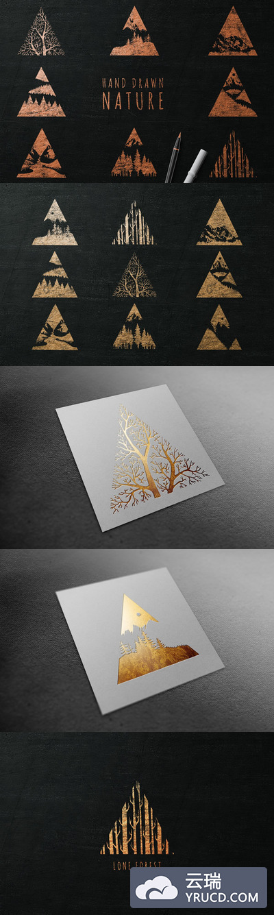 手绘的金箔树木三角形插画素材