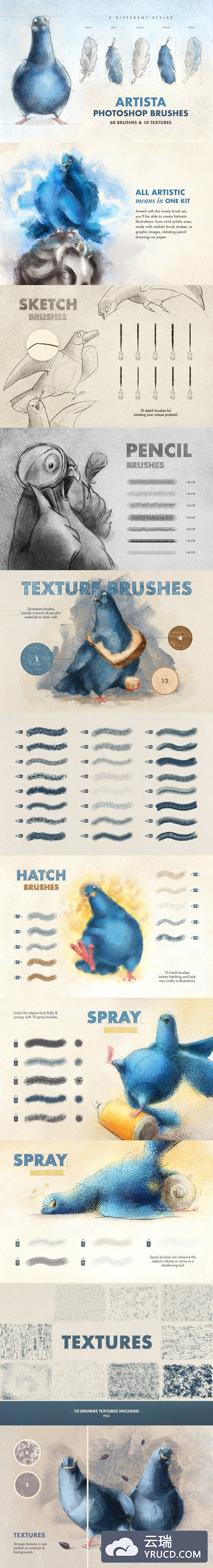 5种不同风格的艺术绘画Photoshop笔刷