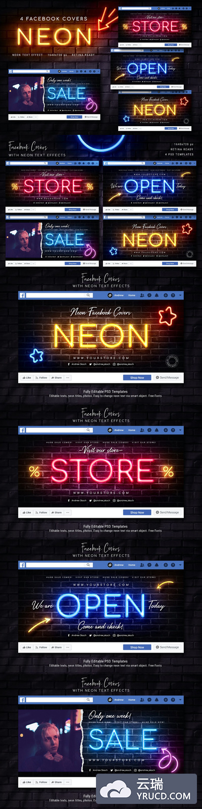 时尚高端绚丽霓虹灯效果facebook社交媒体banner海报设计模板-PSD