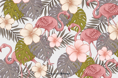 手绘火烈鸟和热带花卉背景
