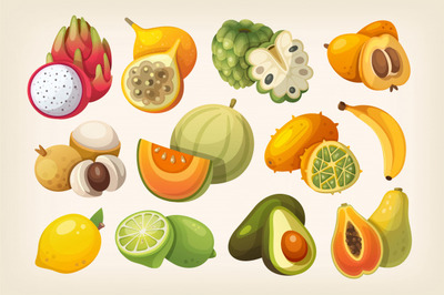 一组夏季热带水果插画