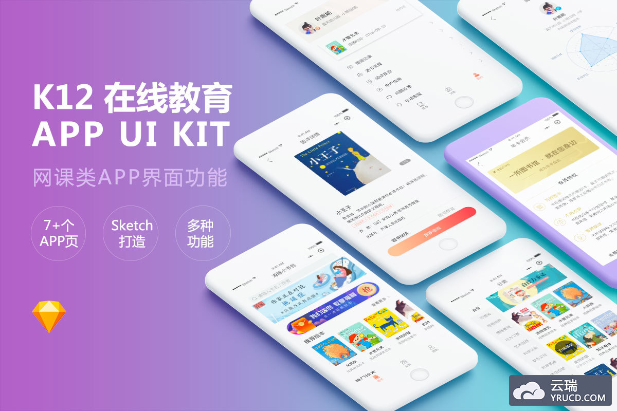 Sketch打造的 K12 线上网课教育&电子书内容APP UI KIT[Sketch APP源文件+PSD展示样机]