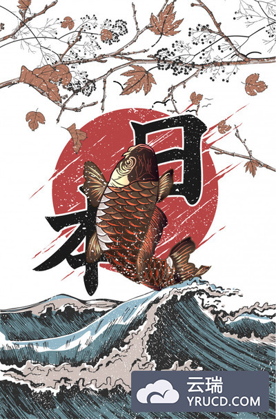 锦鲤在海浪上飞翔的图形素材