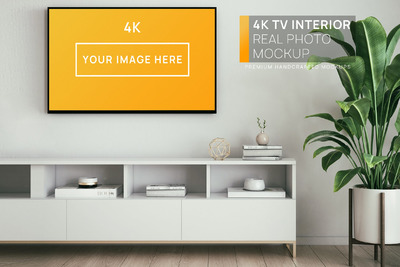 4K电视极简明亮室内样机（PSD）