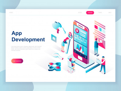 现代平面设计等距概念插画着陆页模板