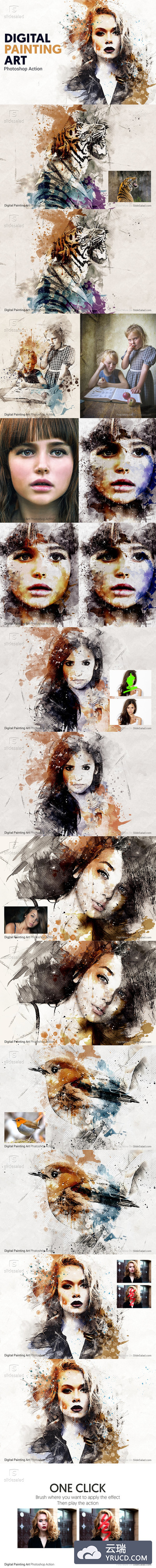 数字绘画艺术水彩飞溅效果Photoshop动作