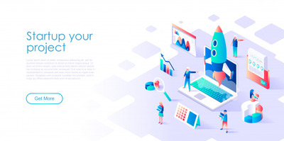 2.5D火箭插画等距登陆页面模板