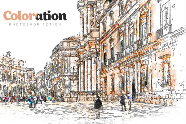 城市建筑素描着色效果ps动作下载