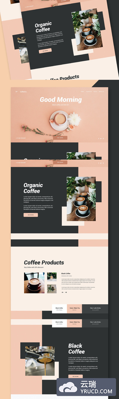 文艺范的咖啡店网站设计模板（AI,EPS,PSD,XD）