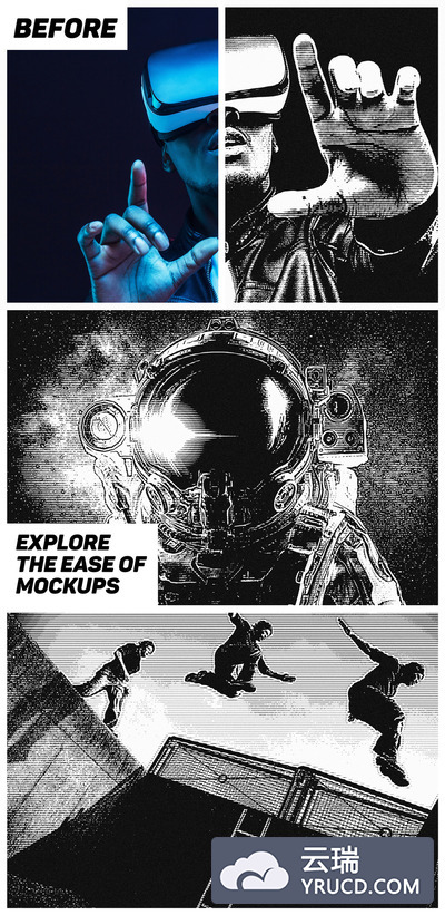 复古老式黑白图像卡通漫画效果样机模板