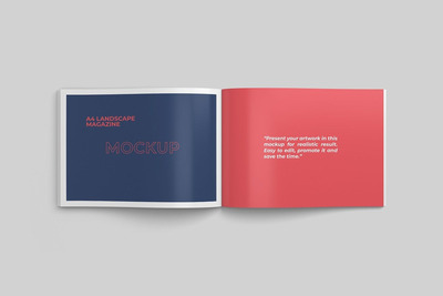 打开的A4横向杂志画册模型俯视图样机（PSD）