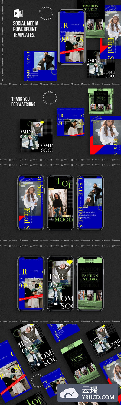 PPT模板 | 时尚潮流INS流行蓝色红色撞色系欧美版式社交媒体PowerPoint模板