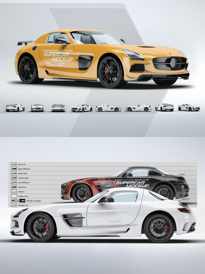 Mockups | 逼真PSD模板真实感智能对象多角度多视觉高分辨率超级跑车梅赛德斯SLS AMG样机