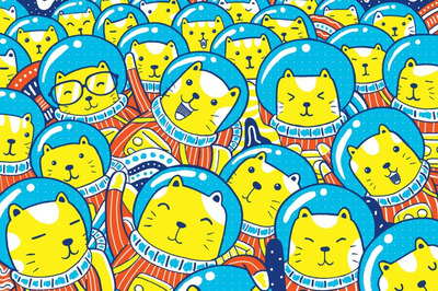 插画 | PSD可爱萌系暖心手绘猫咪太空猫太空服蓝黄橘撞色系插图