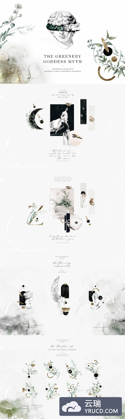 插画 | 150多种奇妙现代线条结合经典欧式欧洲古希腊雕塑雕像植物金箔金色手绘水彩画图形元素系列插画