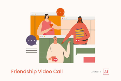 插画 | 矢量线条现代人物网上视频会议创意概念平面插图-2