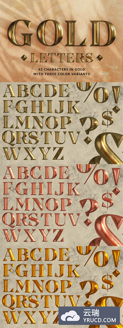 时尚高端逼真的3D金色字母和数字大集合