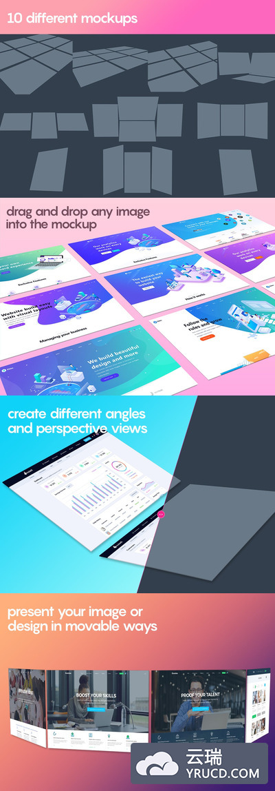 透视角度的网页UI套装设计展示屏幕样机（PSD）