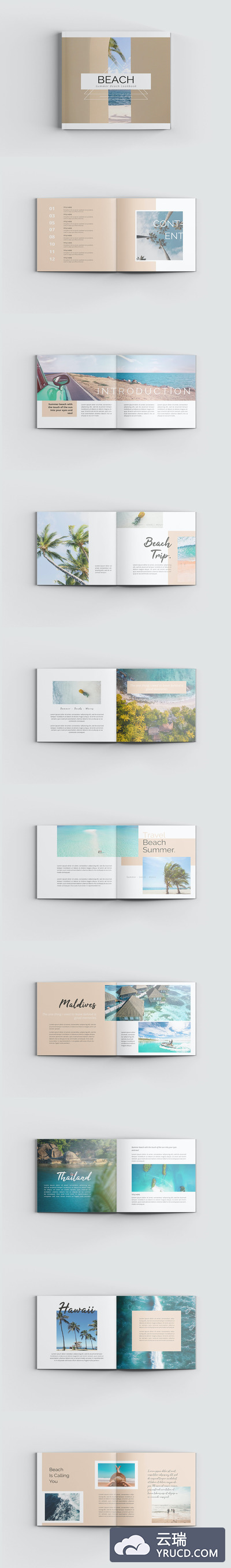 方形海滩介绍画册模板