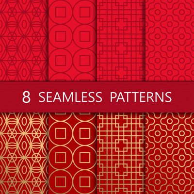 金色的中式无缝图案红色背景[EPS]