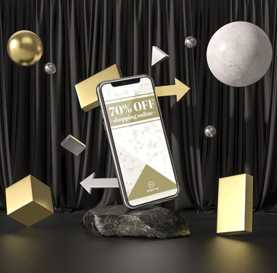 3D球体与立方体手机屏幕场景样机[PSD]