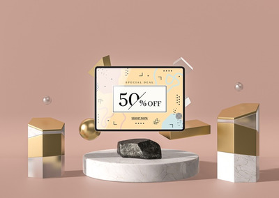 3D平板电脑与大理石设计前视图展示样机[PSD]