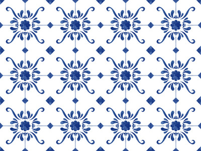 青花瓷花卉无缝图案背景[EPS]