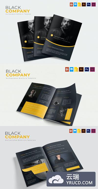 黑色的公司企业宣传册画册模板（AI,EPS,INDD,PSD）