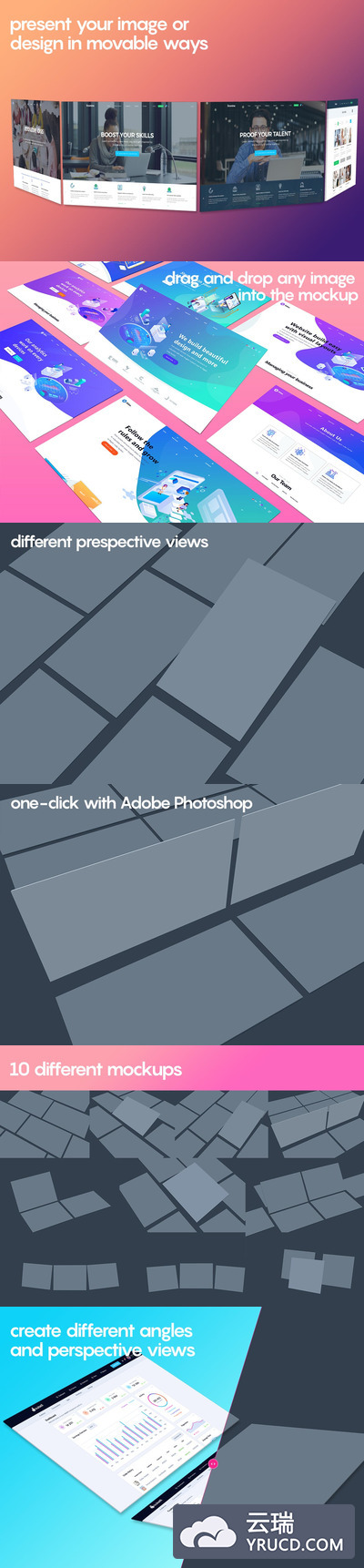 透视角度的电脑屏幕网页&PPT样机（PSD）