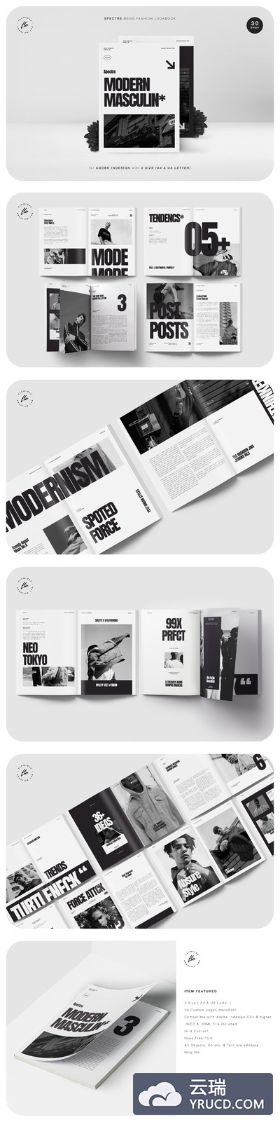 极简主义的男士时尚摄影/服装杂志画册设计模板[INDD]