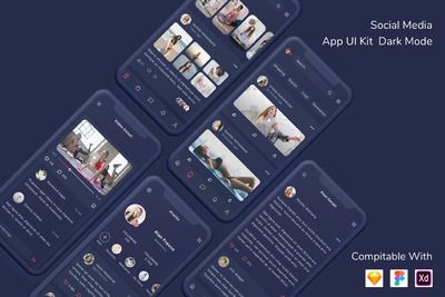时尚高端专业的社交媒体APP UI KITS-FIG，SKETCH，XD