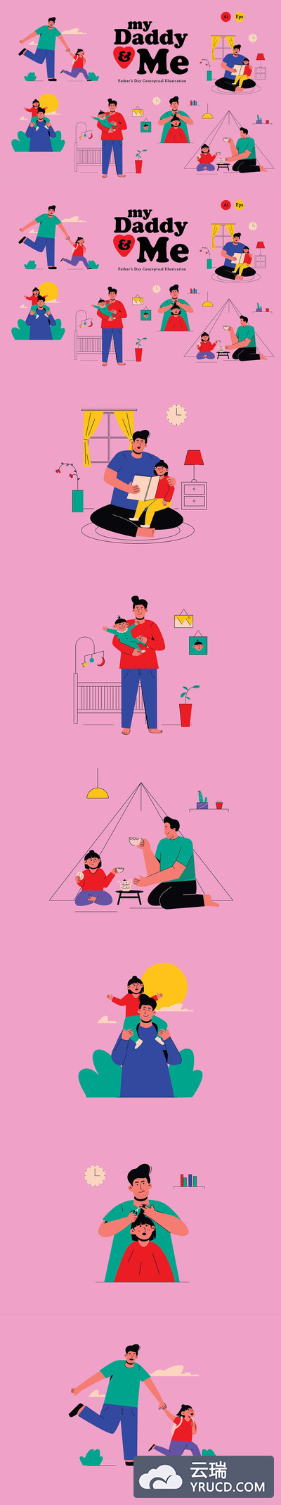 可爱时尚清新简约扁平化风格爸爸与女儿父亲节矢量插画大集合-AI，EPS