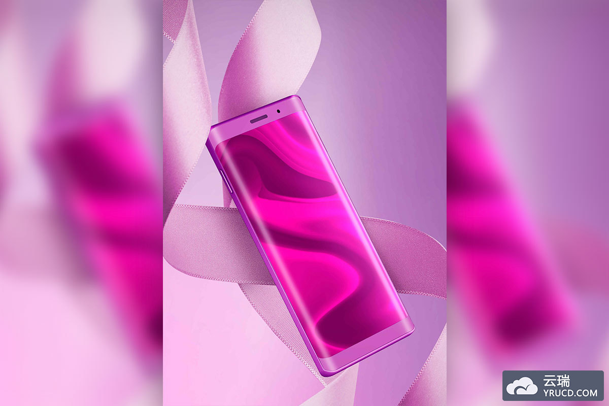 粉色丝带背景曲屏手机品牌推广视觉海报设计