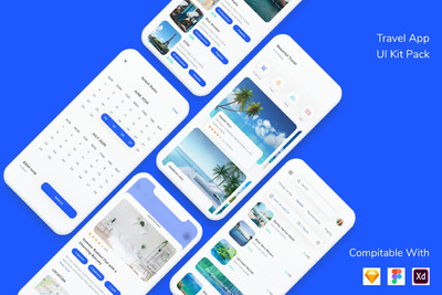 时尚简约清新高端旅游手机应用程序APP UI KITS-Adobe XD，Figma，Sketch