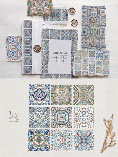 时尚高端少见稀有东方瓷砖水彩花纹纹理背景底纹集合-JPG，PNG