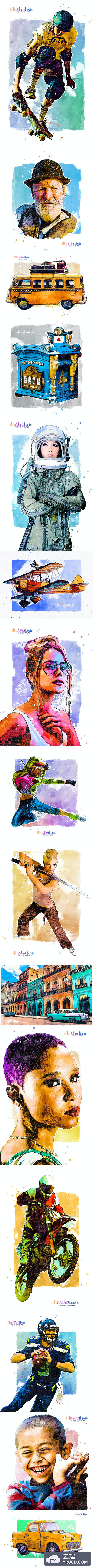 水彩插画效果的PS动作下载（ABR,ATN,PAT）