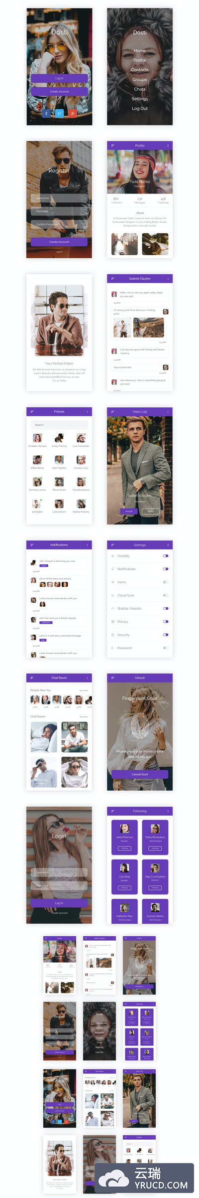 个性的社交媒体移动 App  UI Kit（AI,PSD,FIG,SKETCH,XD）