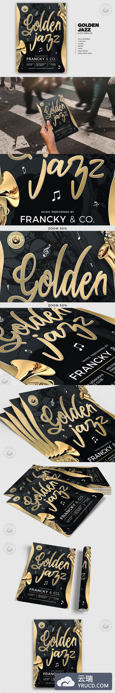 金色爵士音乐活动宣传海报传单模板