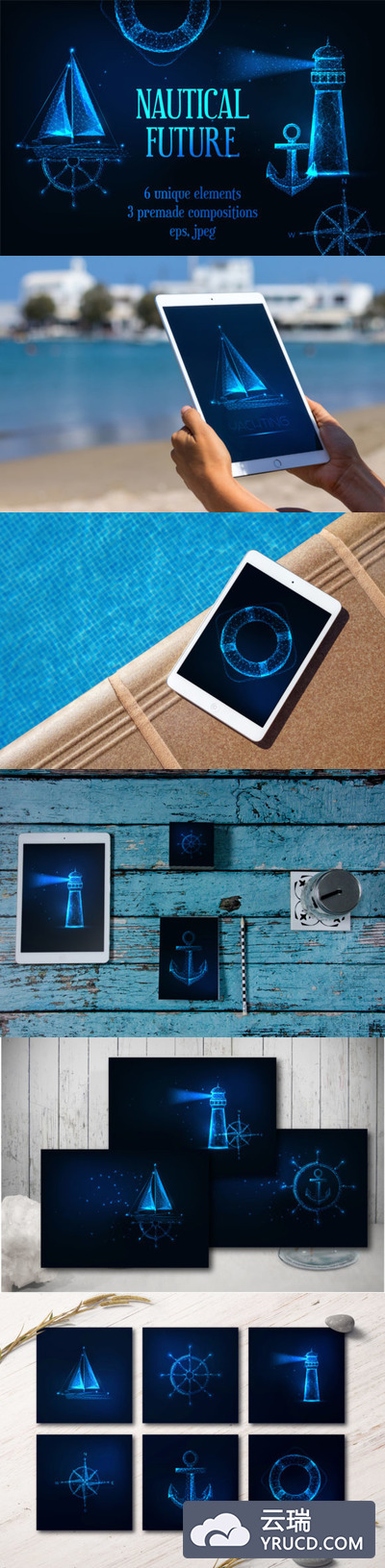 蓝色未来派风格航海元素插画图形素材