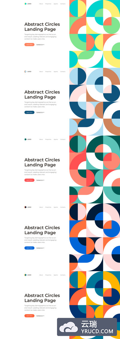 包豪斯风格的抽象圆圈着陆页UI模板(FIG,SKETCH,AI,EPS,SVG,JPG,PNG)