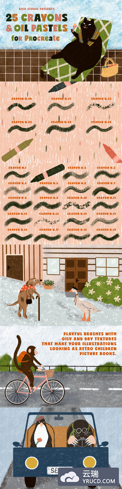 25款复古可爱的蜡笔+油彩笔Procreate笔刷下载