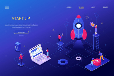 2.5D火箭启动意思的创意现代彩色等距网页横幅