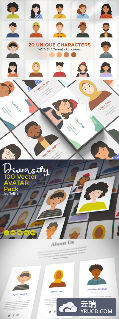 100个多种类型的矢量头像插画大集合-AI，EPS，PDF，PNG，SVG