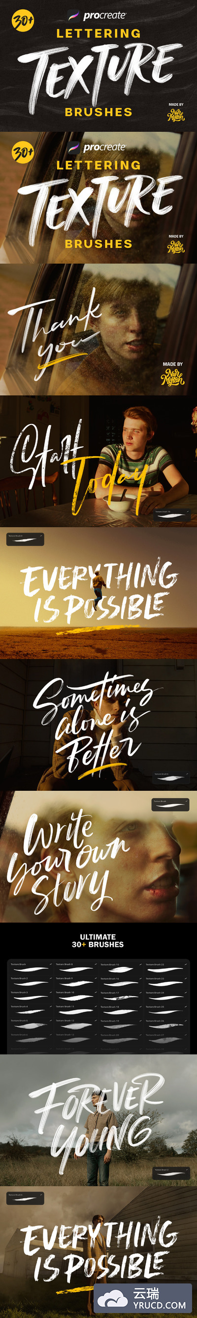 30多个独特Procreate个性刻字纹理笔刷