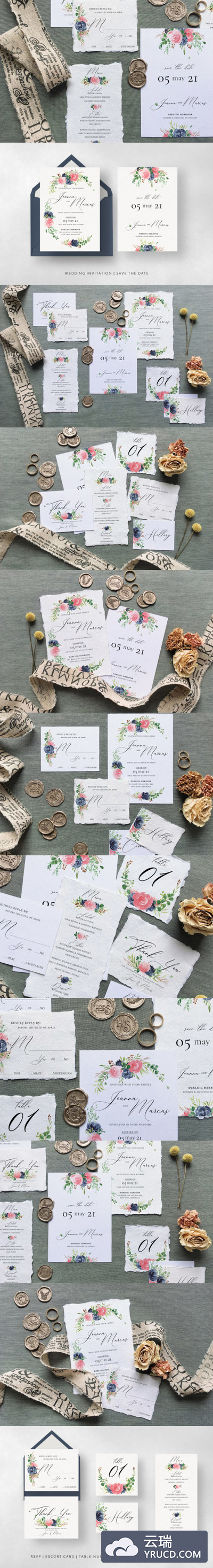 粉红色&蓝色水彩玫瑰婚礼邀请套装