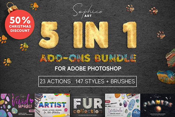 超级PS动作图层样式和笔刷5合1打包下载[1.6GB,ATN,ASL,ABR,PSD]